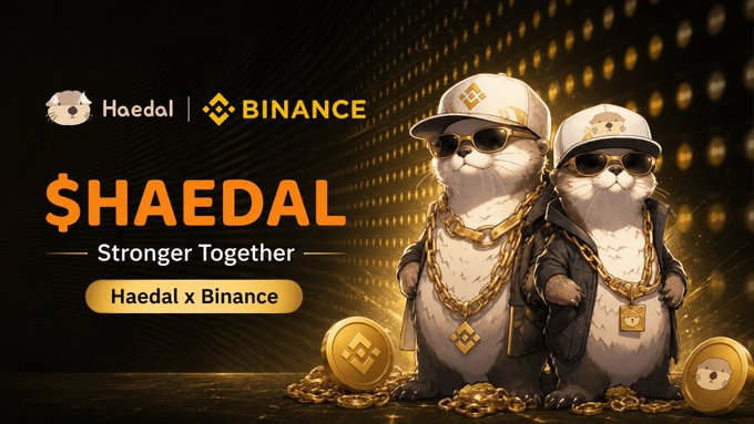 The image features a poster for a campaign that rewards users with 400 BNB if they make at least 500 USDT transactions using the hashtag #HAEDAL. The poster includes two cartoon cats wearing sunglasses, one of which has a gold chain around its neck. The background is black and white, with a gold pattern on it.