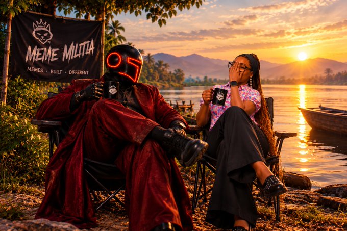 A promotional image for 'MEME MILITIA' showing a masked figure in red robes sitting next to a woman holding a branded mug by a lake at sunset, with a banner reading 'MEMES · BUILT · DIFFERENT'.
