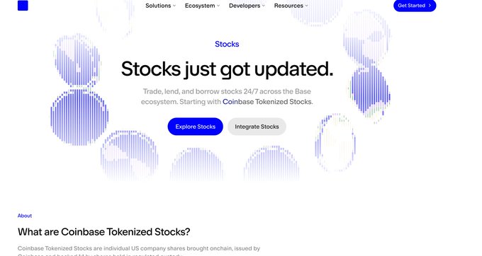 A website landing page for Coinbase features the headline 'Stocks just got updated.' with subtext reading 'Trade, lend, and borrow stocks 24/7 across the Base ecosystem. Starting with Coinbase Tokenized Stocks,' and includes 'Explore Stocks' and 'Integrate Stocks' buttons.