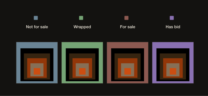 A legend displaying four CryptoPunks status categories with colored squares: 'Not for sale' (blue), 'Wrapped' (green), 'For sale' (red), and 'Has bid' (purple), each shown above a framed nested-square NFT artwork.