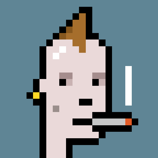 A pixel art illustration of a person with brown hair, pale skin, a yellow earring, and a cigarette in their mouth, set against a blue-gray background.