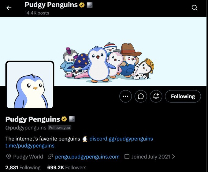 The image shows a social media post featuring a cartoon penguin character, likely from Puddly Penguins, with a caption that reads "The penguin's favorite penguins - Discord/PudgyPenguins". The post also includes a link to a Twitter account and mentions the name of the creator.!