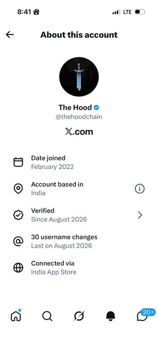 An "About this account" page for the verified Twitter account "The Hood" (@thehoodchain), showing it joined February 2022, is based in India, and has had 30 username changes.