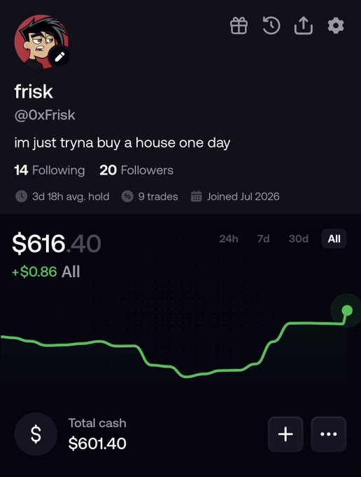 A Robinhood profile screenshot for user "@0xFrisk" showing "frisk" with a bio reading "im just tryna buy a house one day," displaying a portfolio balance of $616.40 (+$0.86) with a green line chart trending upward and total cash of $601.40. The post highlights the contrast between celebrating a modest profit while watching others post seven-figure PNLs.