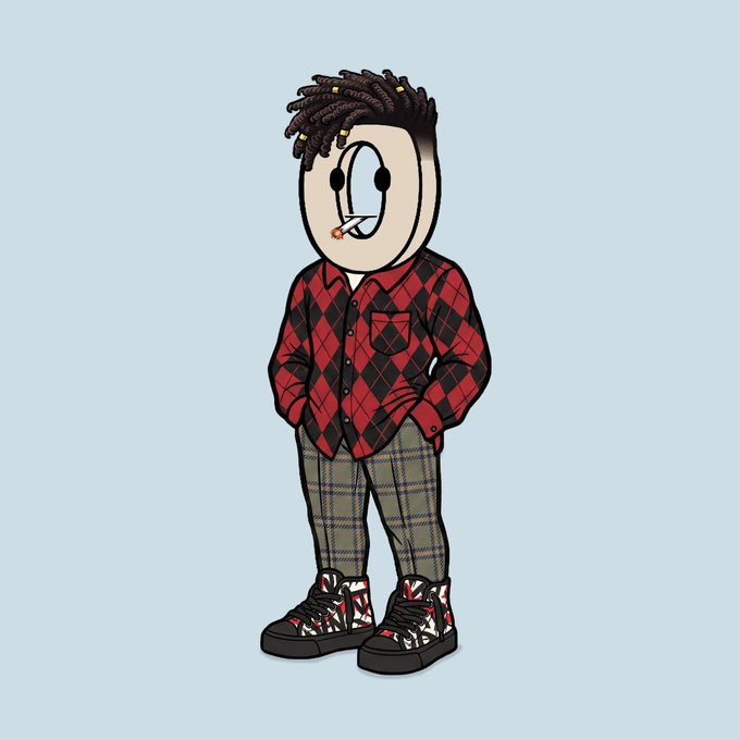 A cartoon character with dreadlocks, wearing a red and black checkered flannel shirt, plaid pants, and patterned high-top sneakers, stands with a joint in its mouth against a light blue background. The illustration complements the late-night, laid-back vibe of the smoke session and grind update, capturing the casual, behind-the-scenes energy mentioned in the post.