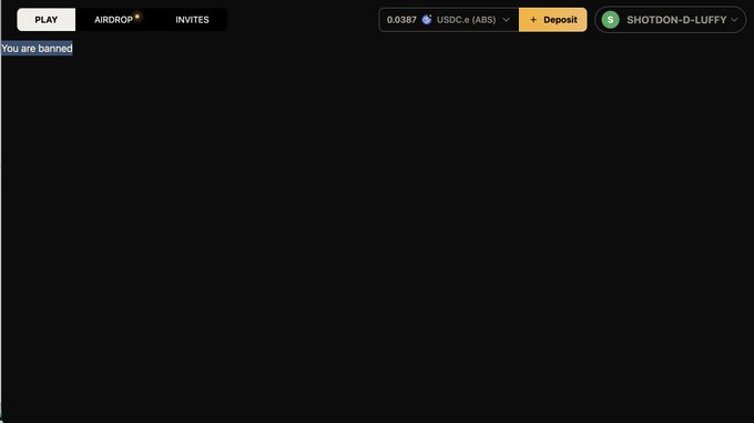 A dark-themed web interface showing a 'You are banned' message under a PLAY tab, with a user account named SHOTDON-D-LUFFY and a balance of 0.0387 USDC.e (ABS).