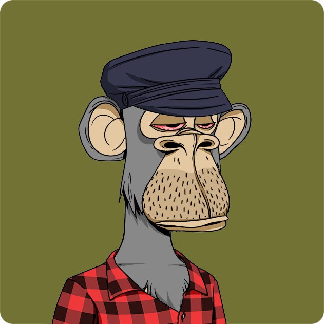 Illustration of a Bored Ape-style monkey wearing a blue cap and red plaid shirt with a tired expression.