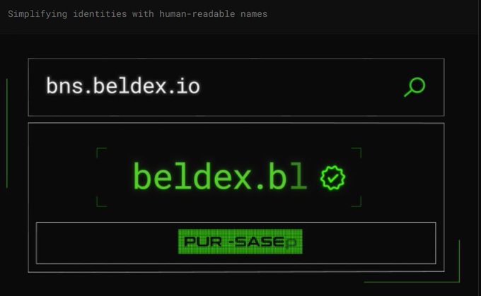 A dark-themed website interface for 'bns.beldex.io' displays 'beldex.bl' as a simplified, human-readable identity name with a 'PURCHASED' button.