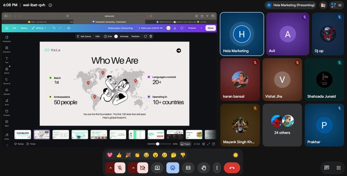 A screenshot of a Google Meet video call titled 'Hela Marketing (Presenting)' showing a slide 'Who We Are' with stats (Batch 1st, Languages covered 20+, Ambassadors 50 people, Operating in 10+ countries) and a row of participant tiles on the right.