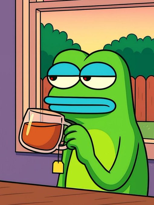 Cartoon illustration of a green frog with half-closed eyes holding a glass of tea with a tea bag inside.
