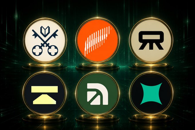 A grid of six circular cryptocurrency/tech logos displayed on golden pedestals against a dark green digital background, featuring various geometric symbols in different colors.