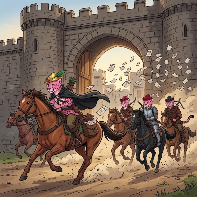 A cartoon leopard in a Robin Hood-style hat on horseback leads cat riders out of a castle gate, scattering papers marked "WL" (whitelist) into the air, symbolizing the final opportunity to secure a spot before the cheehood.xyz mint drops.