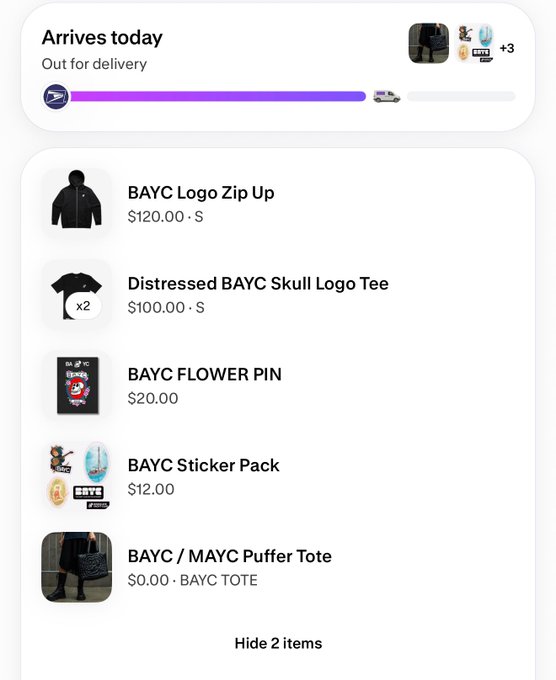 A delivery tracking screenshot showing 'Arrives today' with a USPS shipment, listing BAYC (Bored Ape Yacht Club) merchandise including 'BAYC Logo Zip Up' ($120), 'Distressed BAYC Skull Logo Tee' ($100), 'BAYC FLOWER PIN' ($20), 'BAYC Sticker Pack' ($12), and a 'BAYC / MAYC Puffer Tote' ($0.00).