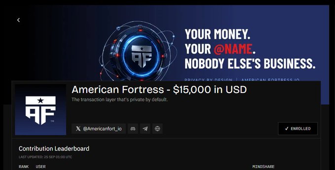 A webpage for 'American Fortress' showing a $15,000 USD transaction layer campaign with the slogan 'YOUR MONEY. YOUR @NAME. NOBODY ELSE'S BUSINESS.' and marked as ENROLLED.