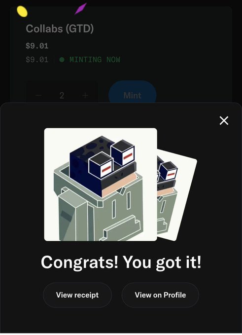 An NFT minting confirmation screen for 'Collabs (GTD)' at $9.01 shows "Congrats! You got it!" with options to view receipt or profile.
