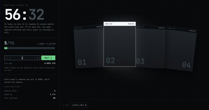 A digital interface displays a countdown timer at '56:32' with pack purchase information showing '5/96' and '0.0225 / 0.48 ETH', alongside four numbered serial cards labeled '01' through '04' with 'SHADE' branding.