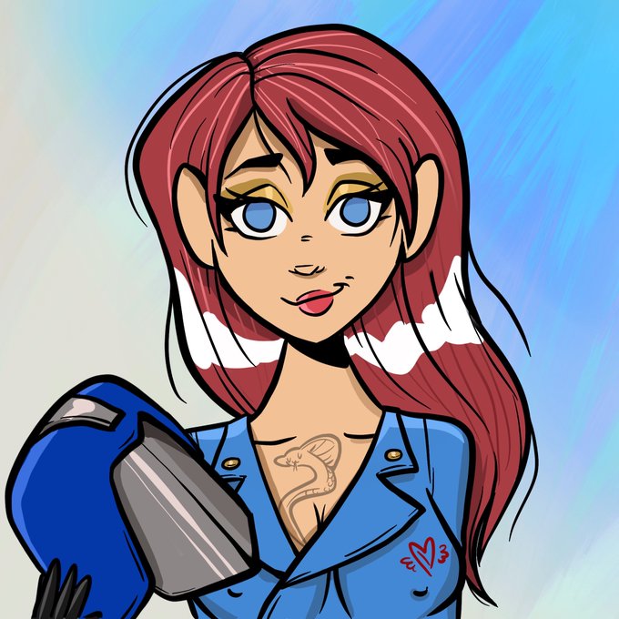 A cartoon-style illustration of a woman with red and white hair, blue eyes, and a snake tattoo on her chest, wearing a blue jacket and holding a blue helmet.