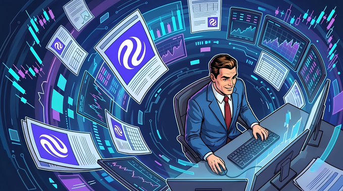 A stylized illustration of a man in a blue suit working at multiple computer monitors displaying financial charts and stock data, surrounded by floating screens with a purple swirl logo.