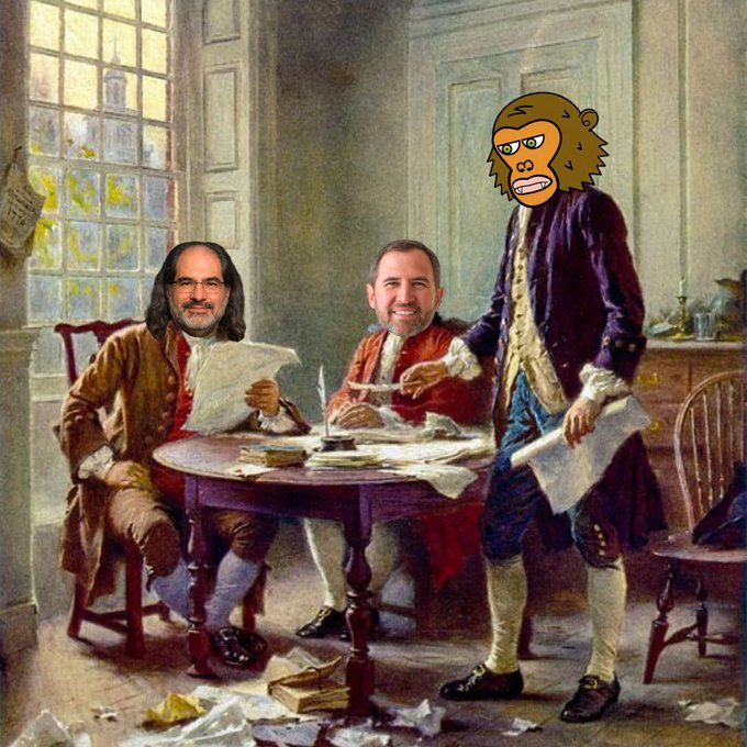 A humorous edit of a classical painting depicting the drafting of a document, featuring the superimposed faces of two modern men—resembling Steve Jobs and another figure—alongside a third figure with a monkey head emoji superimposed over their face.