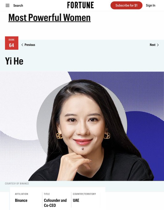 The image features a woman's profile picture, which includes her name and title as "Yi He", along with other information about her role at Fortune magazine. The post highlights that she has been named one of the most powerful women in business by Fortune magazine. This recognition is significant because it indicates that she holds a prominent position within the industry or organization where Fortune magazine operates, and it showcases her accomplishments and contributions to the field.