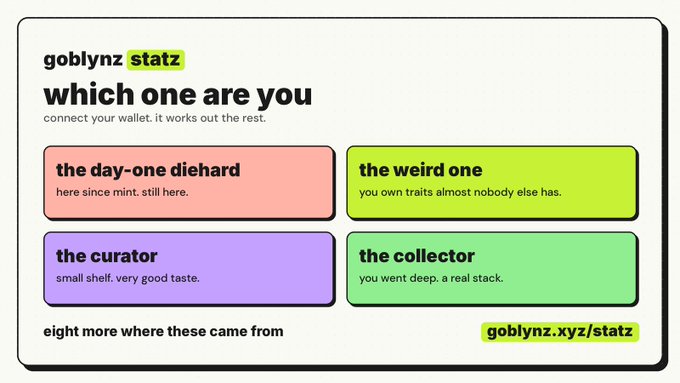 A webpage titled 'goblynz statz' with the heading 'which one are you' and four colored boxes labeling personalities: 'the day-one diehard', 'the weird one', 'the curator', and 'the collector'.