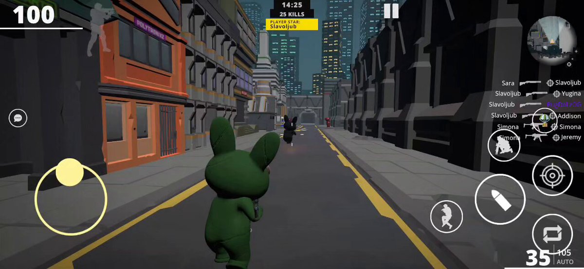 The image shows a cartoon rabbit walking down a street, with buildings lining both sides of the road. The scene appears to be from an action-adventure game or mobile app, possibly a shooting game like RugDollz Shooter. The main character is a green rabbit that has been hit by a bullet and is now running away from it. There are also other characters in the image, including a person walking on the street and another person standing further back.