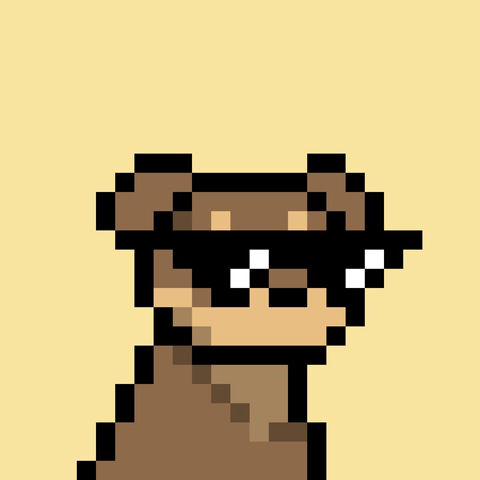 A pixel art illustration of a character wearing a brown cowboy hat and dark sunglasses on a beige background.