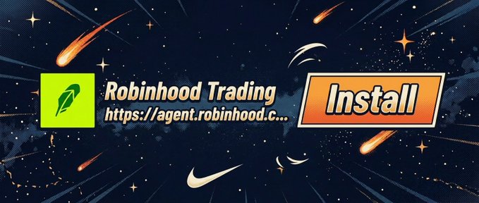 The image features an advertisement for Robinhood Trading with a captivating space theme. The background shows stars and comets, creating a vibrant atmosphere related to the stock market environment. The words "Robinhood" are prominently displayed, followed by "Trading", indicating that this is an advertisement specifically promoting the trading aspect of Robinhood. A banner at the bottom of the image provides information about how to install Robinhood Trading on their website and emphasizes its live status for easy access.