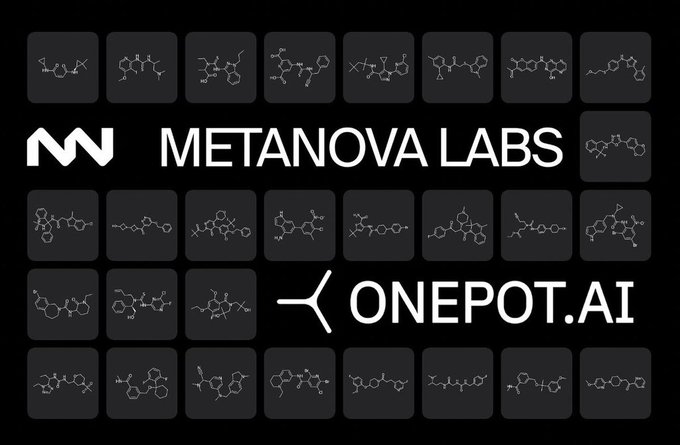 The image features a black background with white text, including the words "Methanova Labs" and "Onepot.ai", as well as the phrase "SN68" which could be related to the screening process or molecule identification. The text is in a larger font size compared to the rest of the image, making it stand out prominently against the black background.
