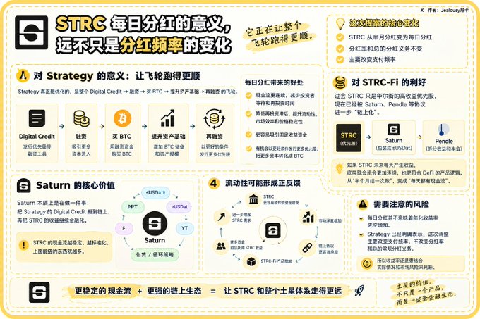 An infographic in Chinese explaining the core value of 'STRC' Strategy and Saturn DeFi, detailing daily dividends, yield strategies, and protocol fees.
