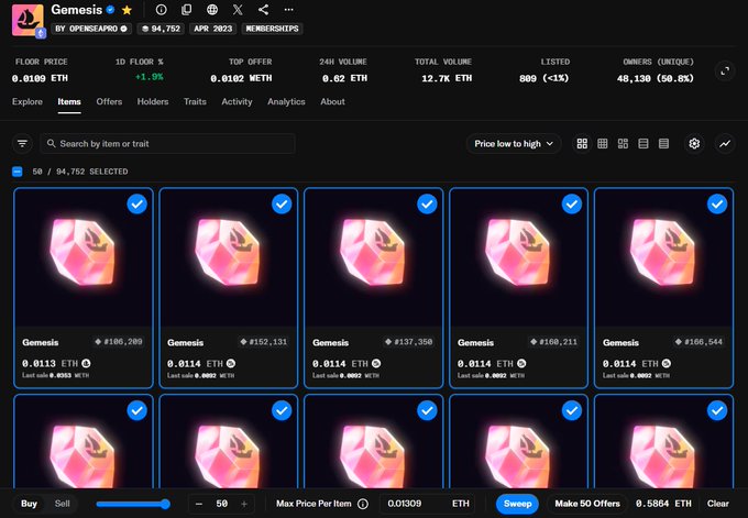 A screenshot of the OpenSea NFT marketplace displaying the 'Gemesis' collection, showing pink gemstone-like 3D objects priced around 0.0113-0.0114 ETH each, with a floor price of 0.0100 ETH.