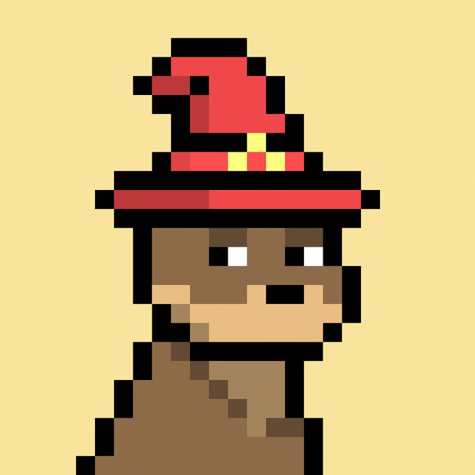 Pixel art illustration of a character with a red cap, white eyes, and brown clothing against a yellow background.