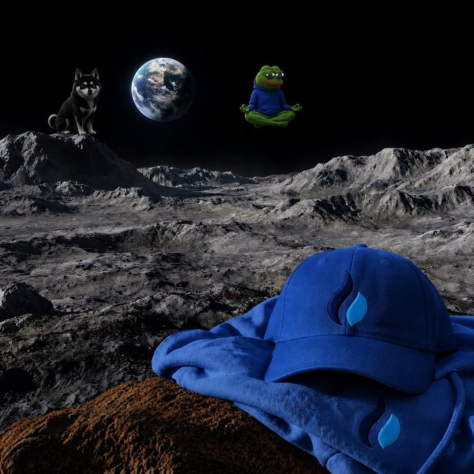 A Shiba Inu dog and a meditating Pepe frog float above a lunar landscape facing Earth, while blue Sapien merch (a cap and hoodie) sits in the foreground on a rocky surface. The meme-style imagery of classic crypto mascots in a cosmic setting visually reinforces the post's bullish hype around $MANYU as a rising memecoin.