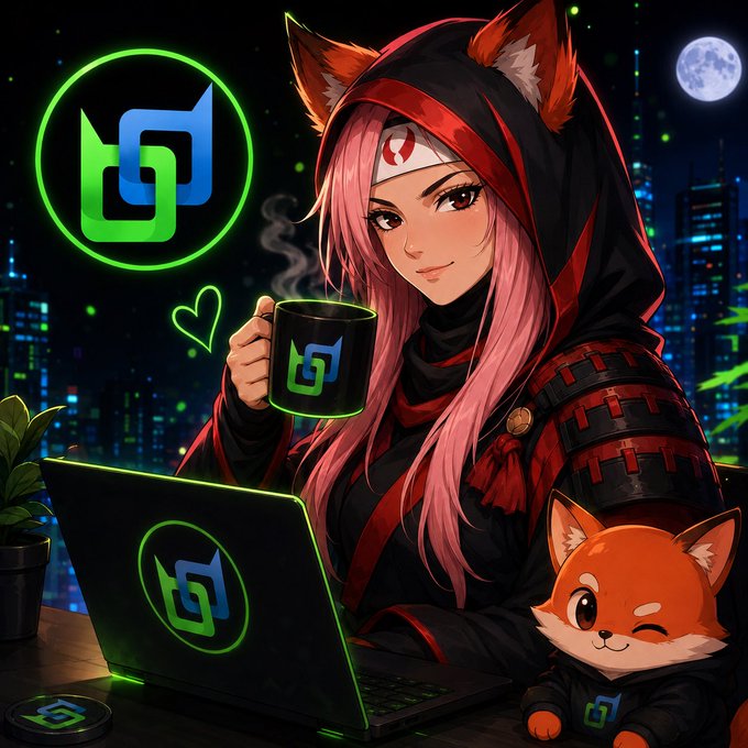 An anime-style illustration of a pink-haired character with fox ears wearing samurai armor, holding a mug and sitting next to a laptop and a small orange fox character, with a green logo featuring a 'C' and 'U' in the background.