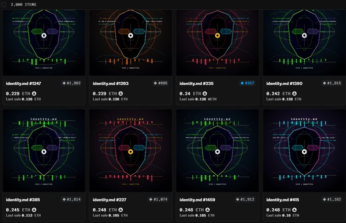 The image shows a collection of 2,000 "Tier" NFTs with varying ETH prices (ranging from 0.229 to 0.246 ETH) and identity.md numbers (#385, #227, #1459, #415, etc.), visually displayed with colorful waveform patterns and price statistics like "#1,962" and "#695." The accompanying post highlights the IMD project's credibility through mentions by influencers like @blknoiz06 and @BitmanTW, its connections via @surfcoderepeat, and its technical foundation (v4 hook on Robinhood), suggesting anticipation for upcoming product announcements as a catalyst for value appreciation—relevant to the tier collection shown, which appears to be part of the project's ecosystem.