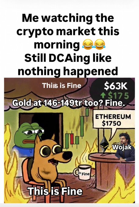 A 'This is Fine' meme showing a dog sitting calmly in a burning room with crypto market data overlaid, including text 'Me watching the crypto market this morning 😂😂 Still DCAing like nothing happened', 'Gold at 146-149tr too? Fine.', '$63K ↑$175', and 'ETHEREUM $1750'.
