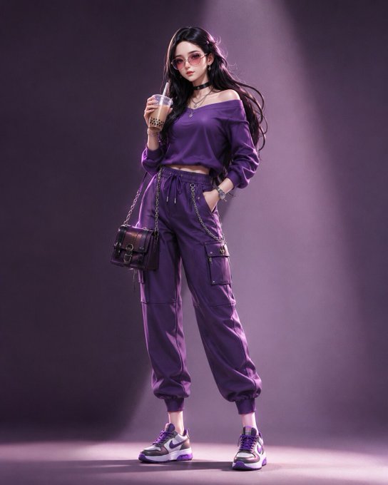 A digital illustration depicts a woman wearing a purple off-shoulder top, purple cargo pants, and purple sunglasses, holding a coffee cup and a small handbag.