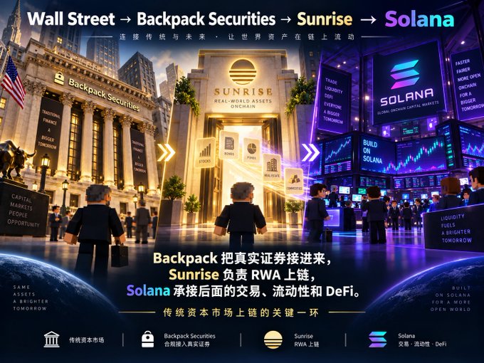 The image illustrates a financial pipeline with the bold heading "Wall Street → Backpack Securities → Sunrise → Solana," showing three grand architectural stages (a classical bank labeled "Backpack Securities," a temple-like "Sunrise Real-World Assets Onchain" hub, and a futuristic "Solana Global Onchain Capital Markets" trading floor) connected by arrows and flanked by businessmen carrying briefcases toward a glowing path. Visible labels include "STOCKS," "BONDS," "FUNDS," "REAL ESTATE," "COMMODITIES," and taglines like "Build On Solana" and "Capital Markets, People, Opportunity," reinforcing the post's message of bridging traditional Wall Street assets through Backpack and Sunrise onto Solana for on-chain trading and DeFi.