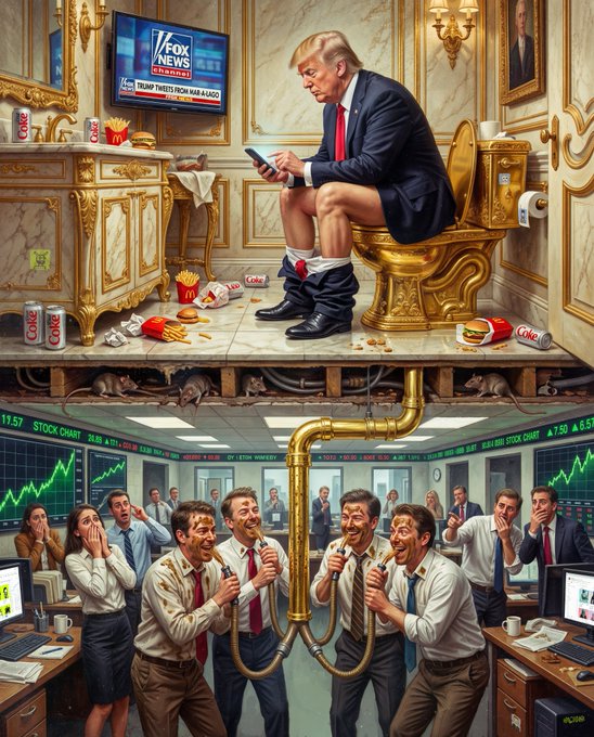 A satirical AI-generated image depicts a caricature of Donald Trump sitting pantsless on a golden toilet surrounded by fast food, while below, a cross-section reveals laughing stock traders slurping waste through golden pipes as the market surges—visually mocking Beeple's declining art quality with obvious AI artifacts like extra fingers and distorted anatomy, alongside a "Fox News" ticker reading "TRUMP THROTT FROM NAB A.ASCO" and stock chart tickers showing gains.