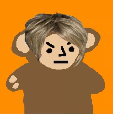 A cartoon-style avatar depicts a character with brown bear-like features wearing an oversized tan wig, set against a solid orange background.