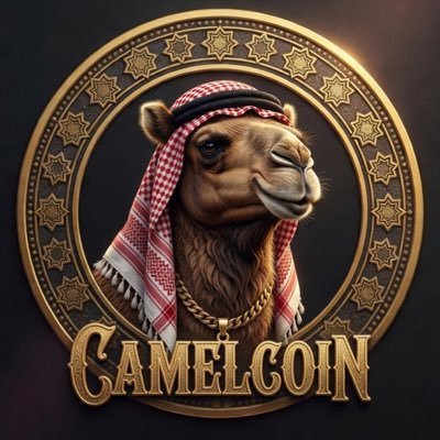 A circular logo featuring a camel wearing a red and white keffiyeh and a gold chain, surrounded by stars, with the text 'CAMELCOIN' at the bottom.