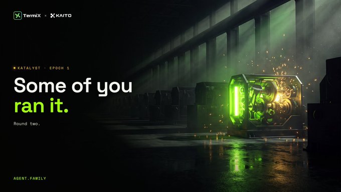 A promotional graphic for TermiX x KAITO KATALYST - EPOCH 1 featuring the text "Some of you ran it. Round two." alongside a glowing green industrial server.