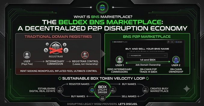 An infographic titled 'THE BELDEX BNS MARKETPLACE: A DECENTRALIZED P2P DISRUPTION ECONOMY' comparing traditional domain registries to the BNS P2P marketplace, with a 'SUSTAINABLE BDX TOKEN VELOCITY LOOP' diagram.