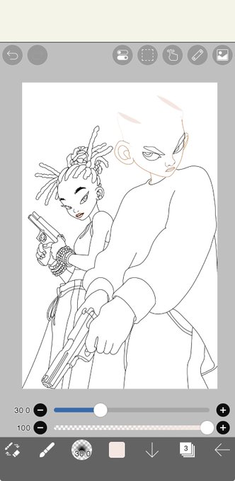 A digital art interface showing a line drawing of two characters holding guns, with one partially colored.