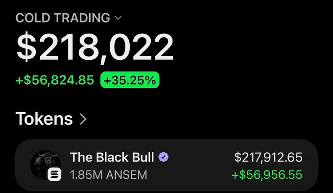Cold trading dashboard showing portfolio value of $218,022 (+$56,824.85, +35.25%), with 'The Black Bull' token highlighted at $217,912.65.