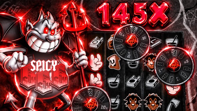 A red devil cartoon character holding a pitchfork beside the word "SPICY" and a large "145X" multiplier graphic, with spinning prize wheels and cartoon icons in the background, promoting a "$15 GIVEAWAY" from RazorXStake on YouTube.