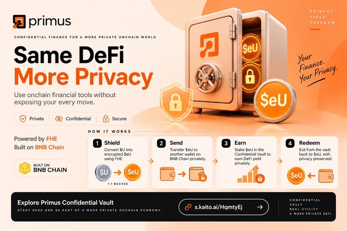 An advertisement for Primus displays 'Same DeFi, More Privacy' with the tagline 'Your Finance. Your Privacy.' and explains how to shield, send, earn, and redeem SeU on BNB Chain.
