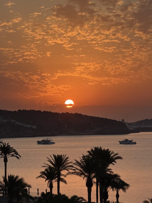 A sunset over a calm body of water with two small boats, silhouetted hills, and palm trees in the foreground under an orange cloudy sky.