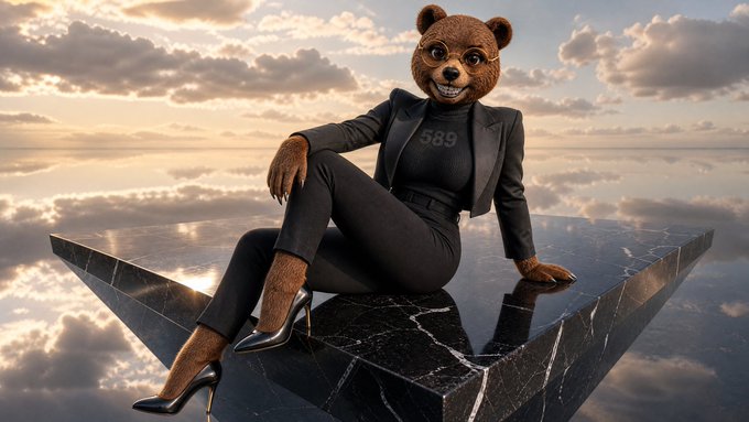A person wearing a teddy bear head mask and a black suit with the number '589' sits on a black marble triangular platform against a cloudy sky background, wearing high heels.