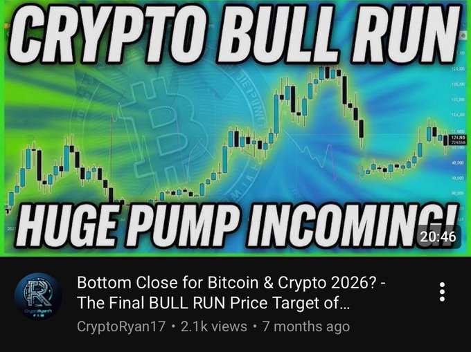 A YouTube thumbnail by CryptoRyan17 from 7 months ago titled "Bottom Close for Bitcoin & Crypto 2026? - The Final BULL RUN Price Target of…" featuring bold text "CRYPTO BULL RUN" and "HUGE PUMP INCOMING!" over a candlestick chart with a Bitcoin logo, visually representing the video's early prediction of a bullish crypto reversal.